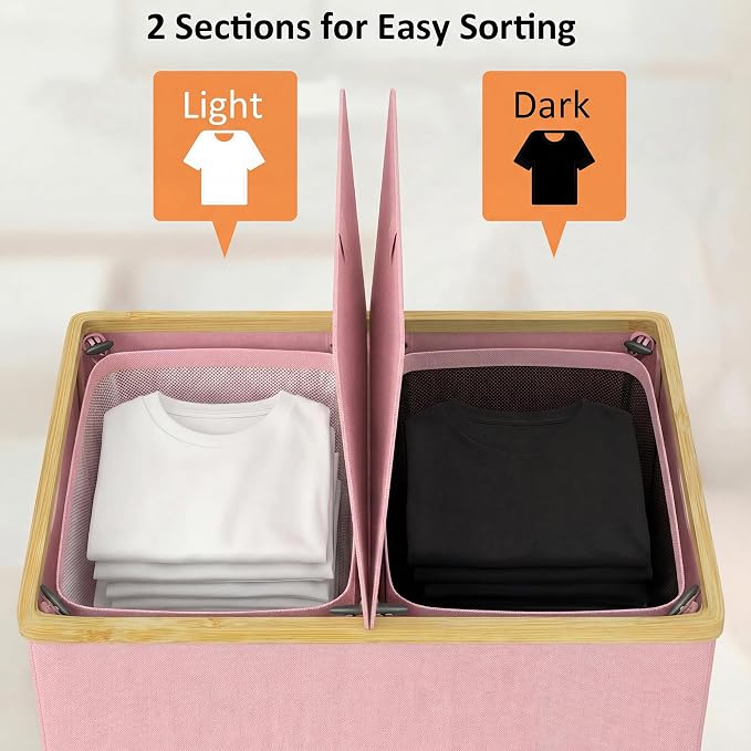 efluky Laundry Hamper with Lid, Double Laundry Hamper with 2 Removable Bags, 2 Section Laundry Basket with Bamboo Handles for Bathroom, Bedroom & Laundry Room (Pink, 140L Dual) - Image 6