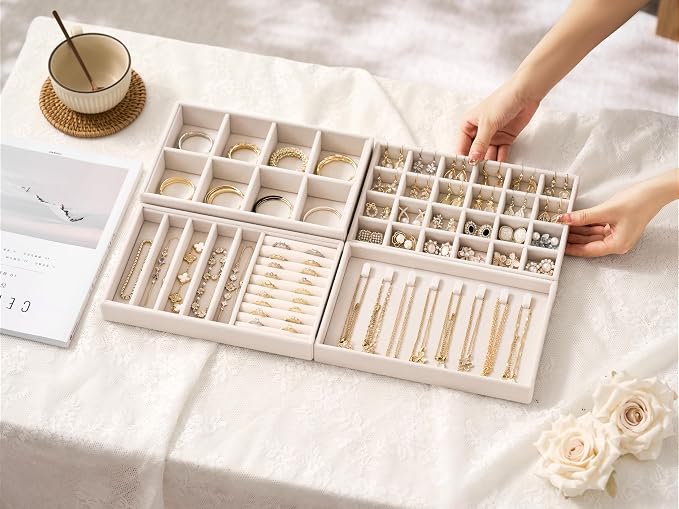 Velvet Jewelry Drawer Organizer Trays – 4-Layer Stackable Jewelry Storage Inserts Set, Beige Jewelry Tray Set for Earrings, Rings, Necklaces, Bracelets with Removable Dividers for Dresser & Vanity - Image 2