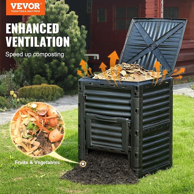 VEVOR Garden Compost Bin 80 Gallon, BPA Free Composter, Large Capacity Outdoor Composting Bin with Top Lid and Bottom Door, Easy Assembling, Lightweight, Fast Creation of Fertile Soil - Image 2
