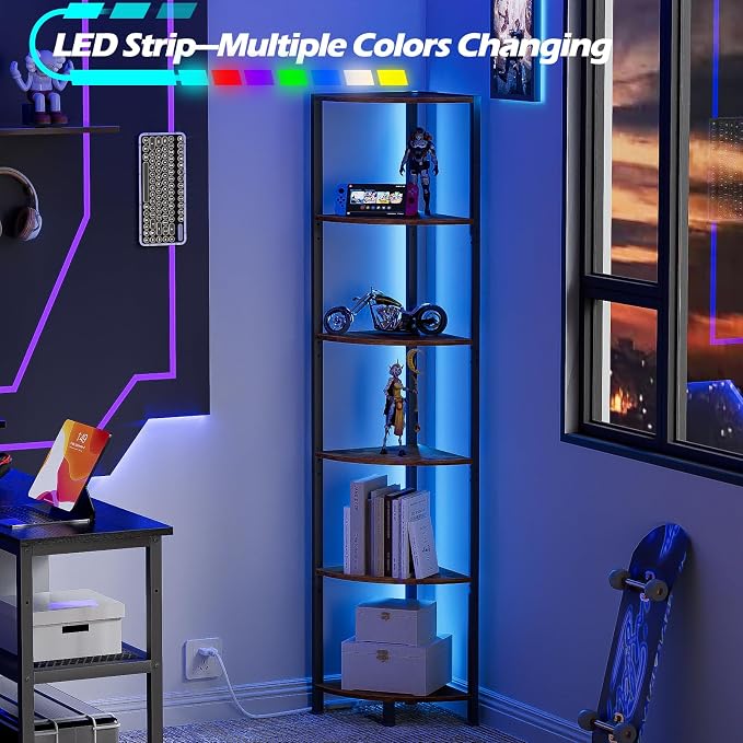 Furnulem 6 Tier Corner Shelf with LED Light, 67.5” Tall Standing Shelf Organizer, Narrow Bookshelf with Storage Rack for Wall Corner, Living Room, Bedroom, Metal Frame, Wood Display Shelf - Image 3