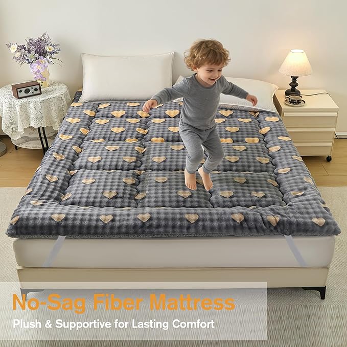 Full Mattress Pad 54 x 75 inches, Warm Thicken Velvet Mattress Protector Breathable and Comfortable with 4 Elastic Band, Deep Pocket Stretchable up to 15 inches Washable, Gray Heart
