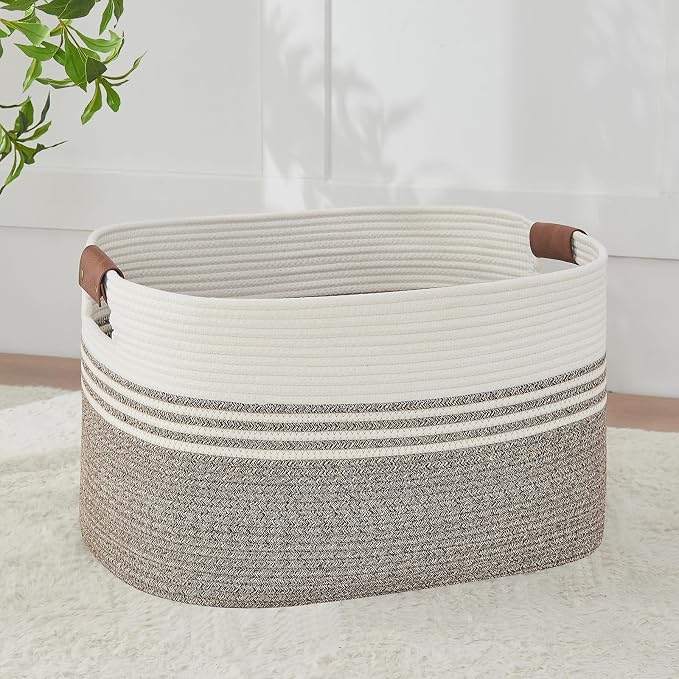 Large Woven Laundry Basket Hamper, 72L Cotton Rope Storage Bin for Blankets, Toys, Clothes, Decorative Nursery Hamper for Living Room, Baby Nursery, Bathroom, Bedroom, Kids Storage, Brown by AINUOQI