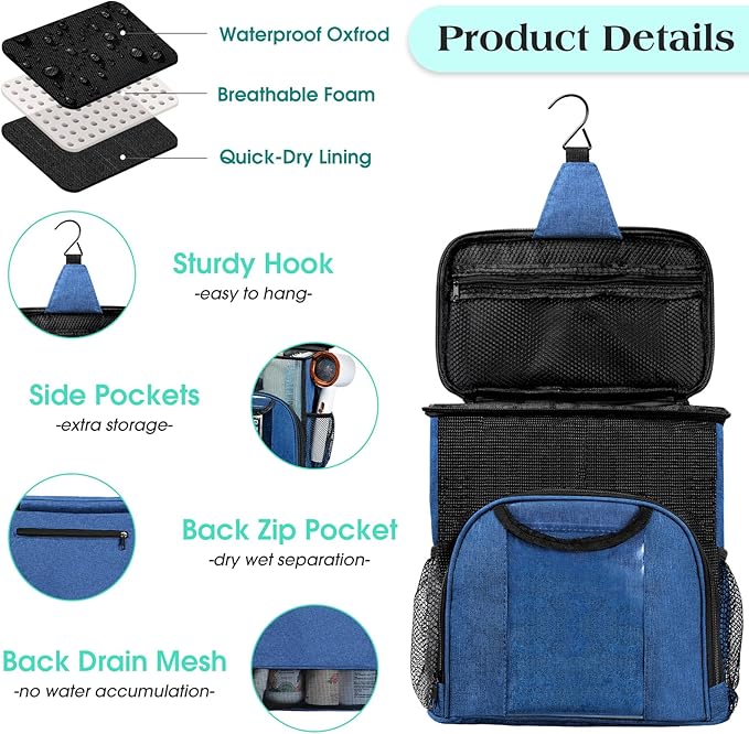 Attmu Mesh Shower Caddy Portable Dorm Tote Bag, Quick Dry Hanging Toiletry Bag, Large Capacity Shower Bag for College Dorm Room Essentials for Boys and Girls for Bath Camping (Blue) - Image 4