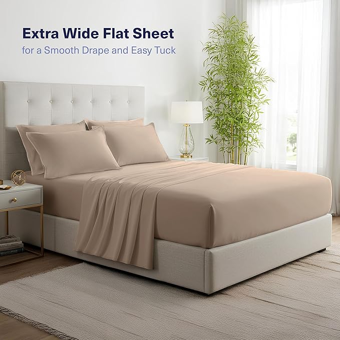 Kickoff Viscose Bamboo Sheets Short Queen Size 4-pc 100% Organic Bamboo Viscose Bed Cooling Sheets Short Queen Size Set Cool Bedding for hot sleepers sheet, Flat, Fitted, Pillowcases (Taupe Latte, SQ)
