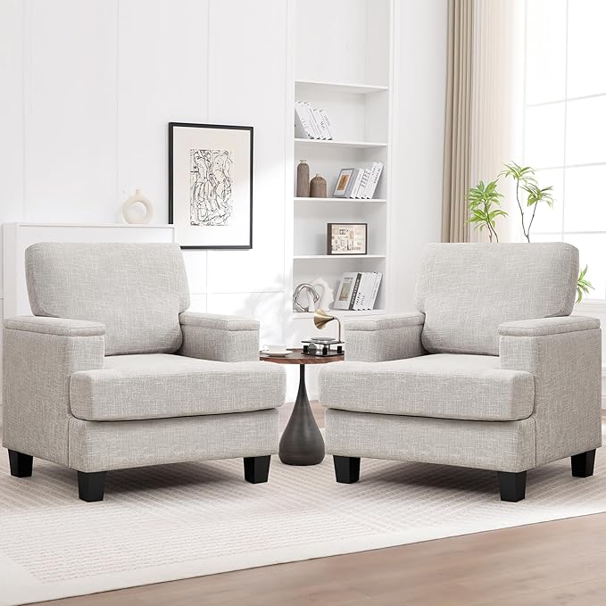Accent Chairs Set of 2 with Armrest Storage, Modern Upholstered Reading Living Room Chair, Comfy Large Armchairs, Fabric Single Sofa Chair for Bedroom (Beige)