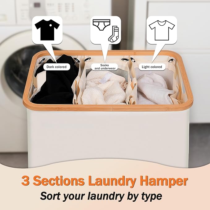efluky Laundry Hamper with Lid, Trio Laundry Hamper with 3 Removable Bags, 3 Section Laundry Basket with Bamboo Handles for Bathroom, Bedroom & Laundry Room, 160L Beige - Image 4