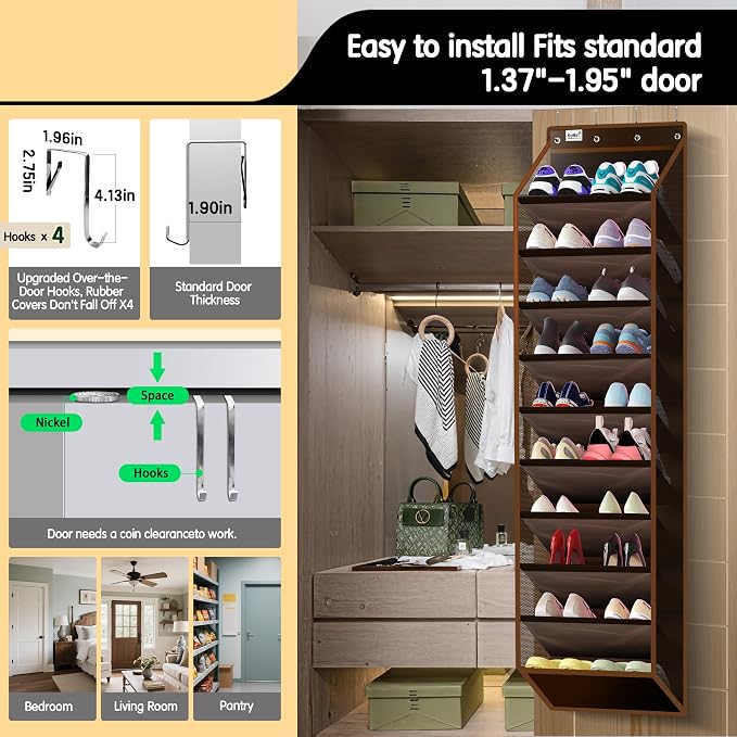 Kotkn 10 Tier Over The Door Organizer - Heavy Duty Hanging Storage Rack with Sturdy Oxford Fabric, Holds 20+ Pairs of Footwear, Boots & Sneakers, Saves 50% Closet Space (Dark Curry) - Image 4