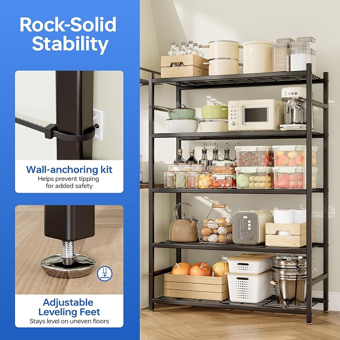 Storage Shelves, 5-Tier Metal Shelving Unit with Adjustable Feet, Shelf Organizer for Garage, Kitchen, Pantry and Closet Organization, 36.4" x 11.8" x 68.3", Black - Image 5