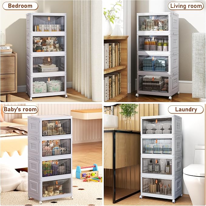 4 Tier Stackable Plastic Storage Bins with Lid and Wheels - 23 QT Closet Organizers and Storage, Foldable Storage Containers, Organization and Storage Boxes for Craft, Home, Pantry, Dorm, Grey - Image 6