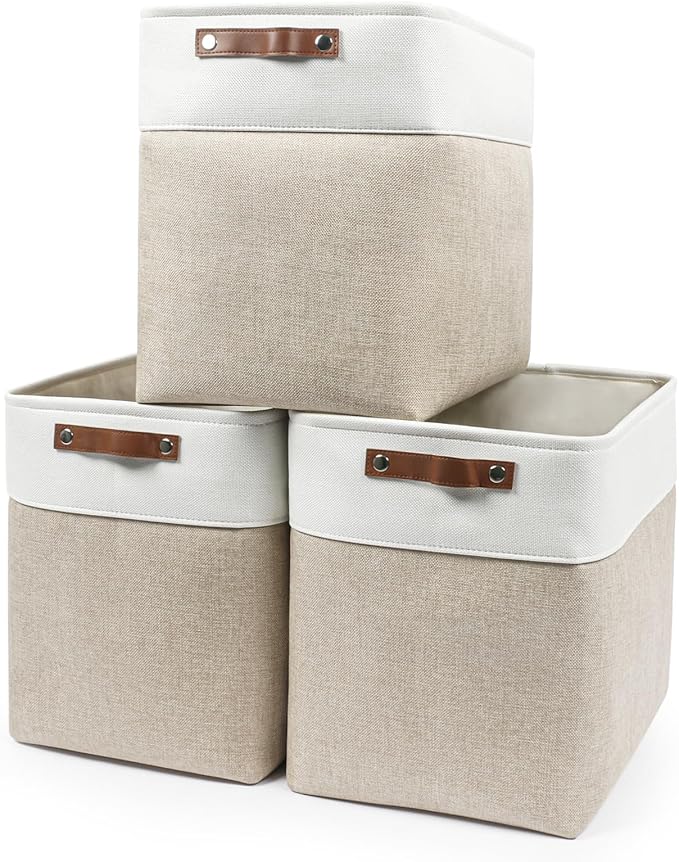 Bagnizer Large Fabric Storage Baskets | 50L Storage Bins, Decorative Linen Closet Baskets with Handles for Organizing, Shelf, Toys, Clothes, Home, Office, Nursery, 17x12x15Inches (Beige&White) by Bagnizer