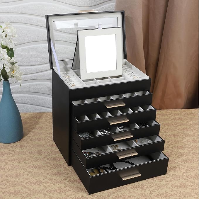 BOOVO Jewelry Boxes for Women, White and Black 6 Layer Large Jewelry Box for Necklace, Bracelet, Earrings, Rings Storage, Jewelry holder Organizer for Girls Gift (Clear Black, 6 layer) - Image 7