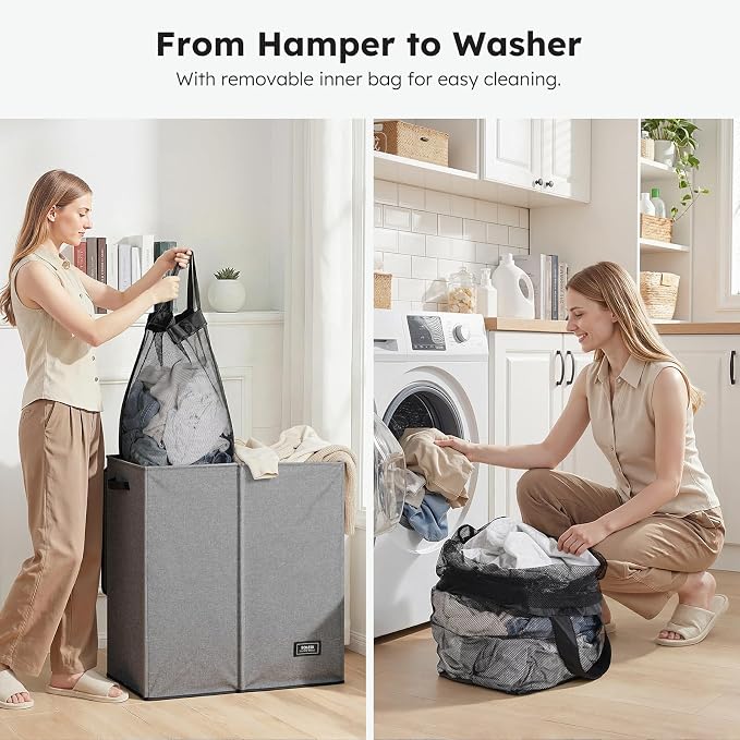 SOLEDI Large Double Laundry Hamper with Lid,165L Collapsible Clothes Hamper 2 section with Removable Bags, Space-Saving Laundry Basket for Bedroom, Dorm, College - Image 4