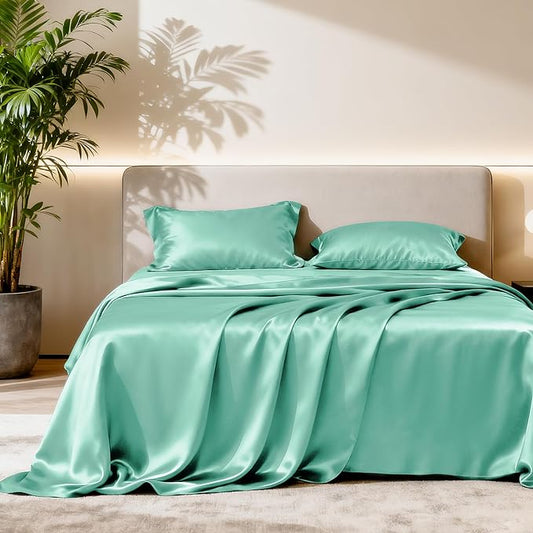 Love's cabin Satin Queen Sheets Set - 4 Piece Aqua Silky Bed Sheets with Deep Pocket, Luxury Silk Feel Satin Queen Size Sheet Set (1 Flat Sheet,1 Fitted Sheet,2 Pillow Cases)