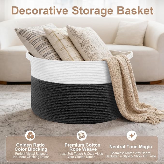 XXL Large Laundry Basket, 90L Soft Cotton Rope Basket, Blanket Storage and Organizers, Baby Nursery Laundry Hamper, Extra Large Toys Storage Bins for Kids 23'' x 13'', White & Black - Image 3