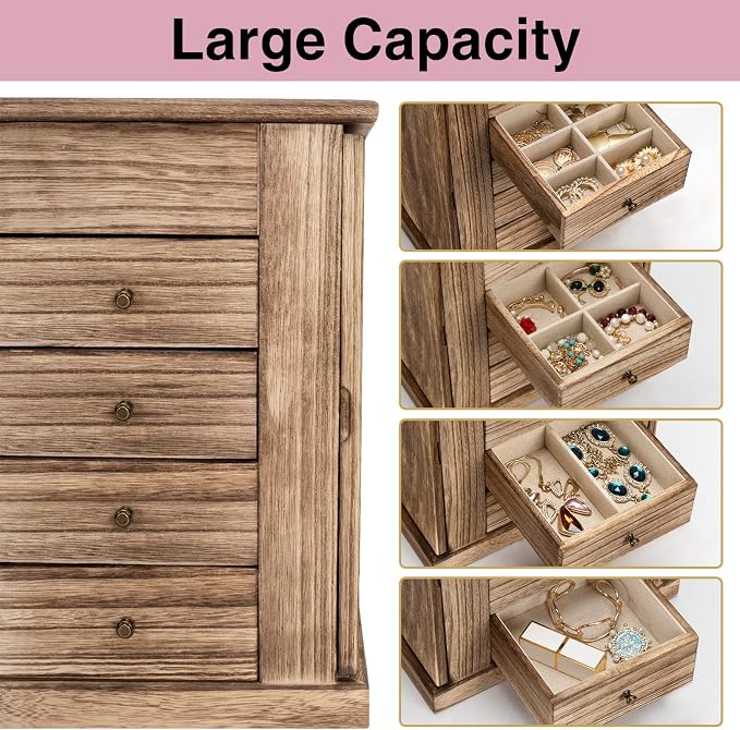 Emfogo Jewelry Box for Women, 5 Layer Large Wood Boxes & Organizers for Necklaces Earrings Rings Bracelets, Rustic Organizer with Drawers and Mirror(Carbonized Black) - Image 5