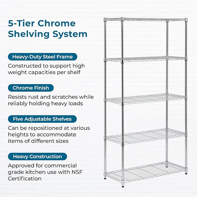 Honey-Can-Do 5-Tier Adjustable Shelving Unit, Chrome SHF-09685 Chrome, 1750lbs (350-lb Weight Capacity Per Shelf) - Image 5