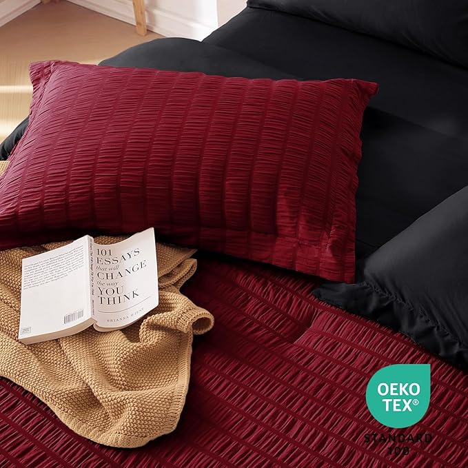 MUXHOMO 7 Pieces Queen Comforter Set, Seersucker Bed in a Bag Queen Size, All Season Luxury Bedding Set with Comforter, Flat Sheet, Fitted Sheet, Pillowcases & Shams, Red & Black