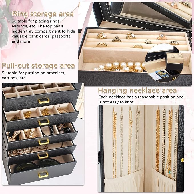 AKOZLIN Huge Jewelry Box Organizer Functional Extra Large Leather Jewelry Storage Case for Women Girls Ring Necklace Earring Bracelet Holder Organizer with Mirror Black - Image 2