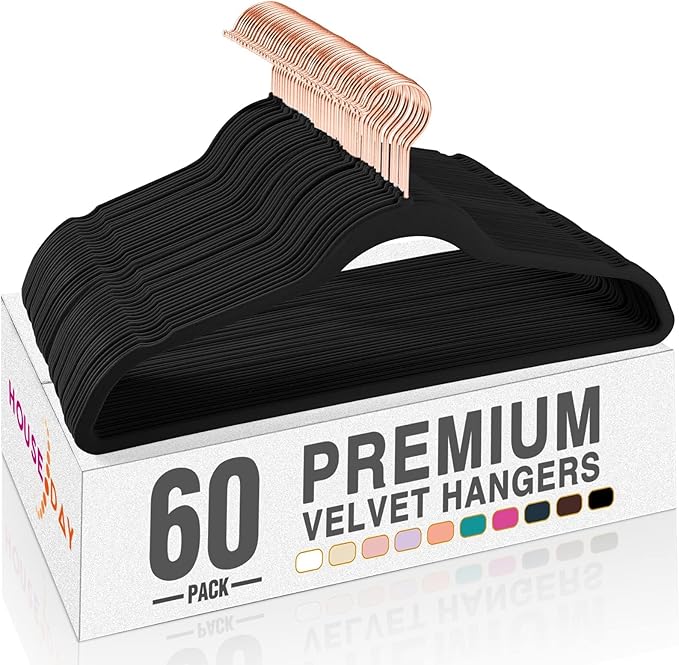 HOUSE DAY Black Velvet Hangers 60 Pack, Premium Non-Slip Felt Hangers, Sturdy Black Clothes Coat Hanger Heavy Duty, Durable Suit Hanger for Space Saving, No Marks Gold Hook by HOUSEDAY