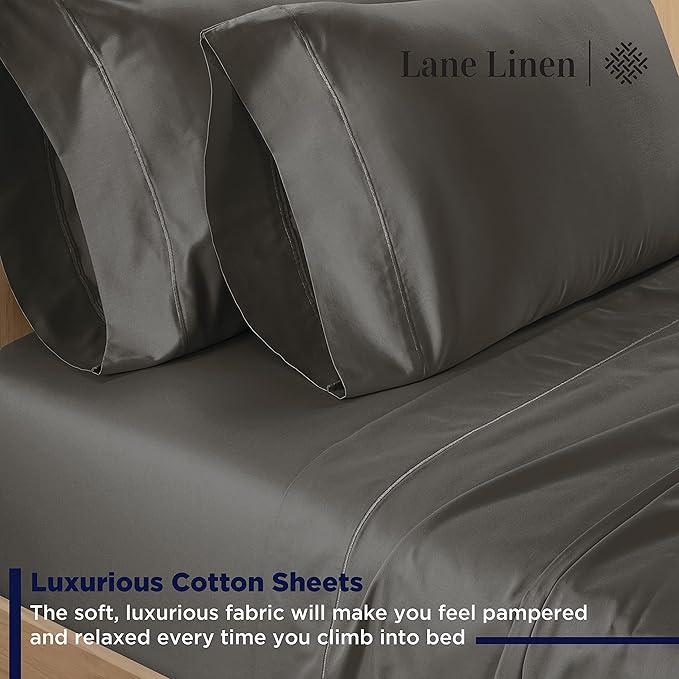 LANE LINEN 100% Cotton 600 Thread Count Split King Sheet Set for Adjustable Beds, Sateen Weave Hotel Quality, Fully Elasticized Oeak Tex Certified Sustainably Produced Machine Washable - Charcoal
