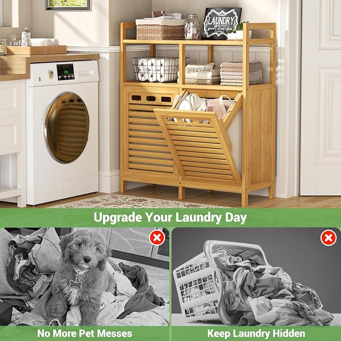 Homykic Tilt Out Laundry Hamper Cabinet, Bamboo Double Laundry Hamper with 2 Removable Laundry Baskets, 20 Gal Laundry Sorter Organizer with Shelf for Dirty Clothes, Bathroom, Laundry Room, Natural - Image 5