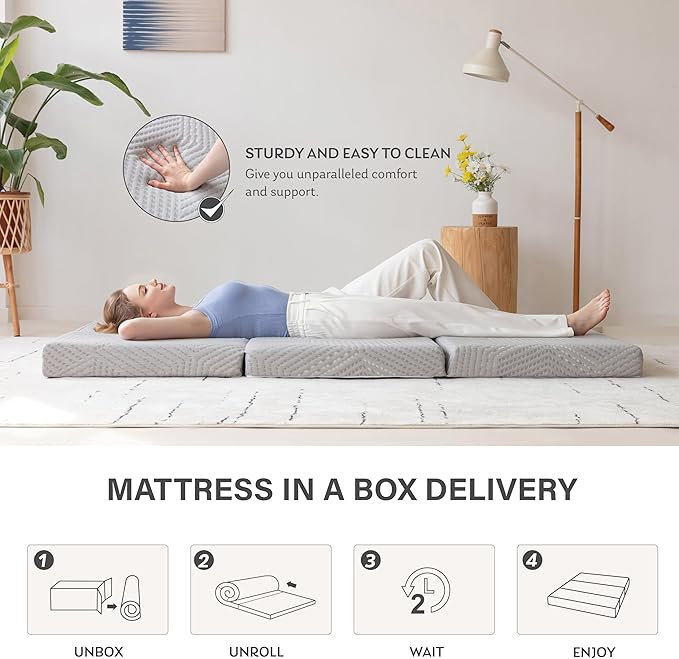 MLILY Tri-Fold Memory Foam Mattress Topper, 4 inch Twin Folding Mattress with Collapsible and Washable Cover, Travel and Guest Mat, 75"×38"×4", Grey