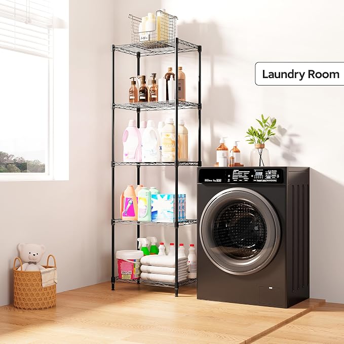 M MZG 5 Tiers Shelf Metal Storage Shelves Wire Rack Closet Organizers with Wheel for Garage Kitchen Bathroom Laundry Black 11.8" D x 17.7" W x 55" H - Image 8