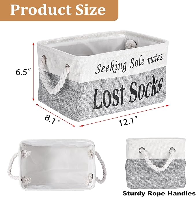 2 Pack Lost Socks Basket for Laundry Room, Fabric Missing Sock Holder for Single Sock Organization, Collapsible Lost Socks Bin Stockings Container, Farmhouse Laundry Room Decor and Accessories - Image 4