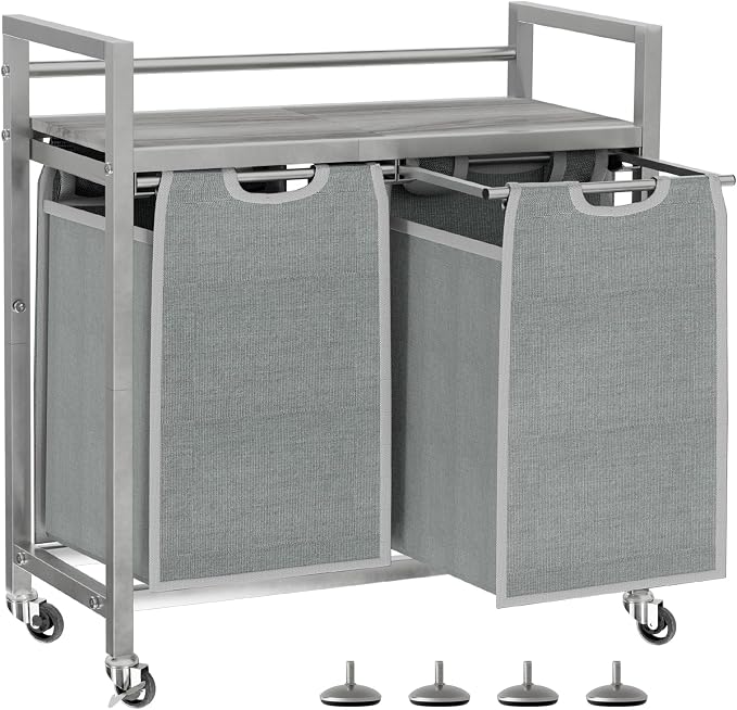 SwaaVee Laundry Hamper, Laundry Basket, Laundry Sorter with 3 Removable Bags, Clothes Basket with 3 Compartments, Wheels, Shelf for Laundry Room Bathroom Bedroom (2 Bags-Gray) by SwaaVeeYourBestOrganizingHelper