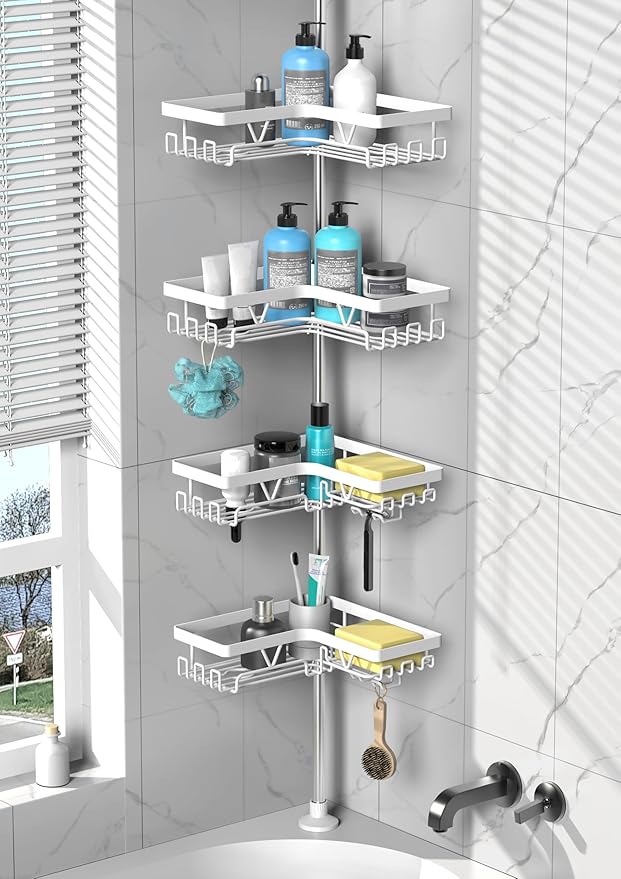 DAOYA Shower Caddy Tension Pole Corner - Stainless Steel Bathroom Organizer White Tension Rod Shower Shelves for Tub(22-114.2inch), Renter Friendly by DAOYA