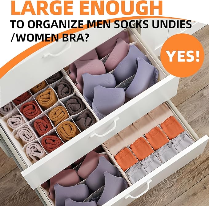 Criusia 6 Pcs Drawer Organizer Clothes - 90 Cells Closet Organizers and Storage for Baby Nursery - Washable Fabric Dresser Organizer Dividers for Sock Underwear Bra Dorm Room Essentials (Beige) - Image 3