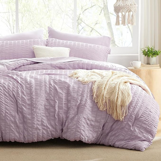 Love's cabin Seersucker Lavender Full Comforter Set, 7-Piece All Season Lightweight Bed in a Bag Bedding Set with Comforter, Flat Sheet, Fitted Sheet, Pillowcases and Shams | Soft, Breathable, Lightweight