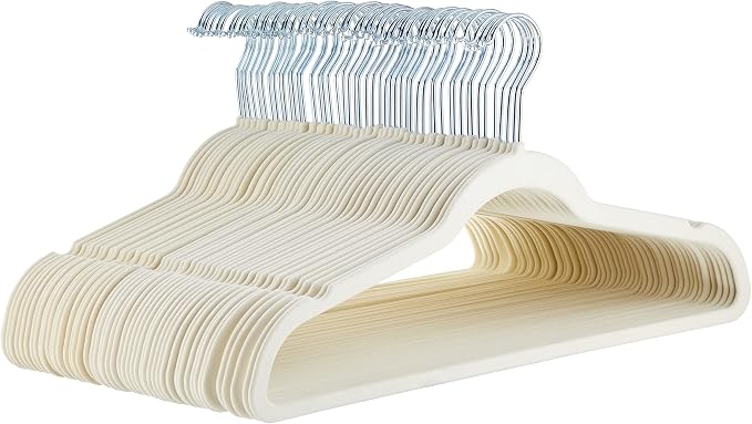 Amazon Basics Slim Velvet Non-Slip Space Saving Suit Clothes Hangers with Shoulder Notches for Closet Organization, Ivory/Silver, 50-Pack by AmazonBasics
