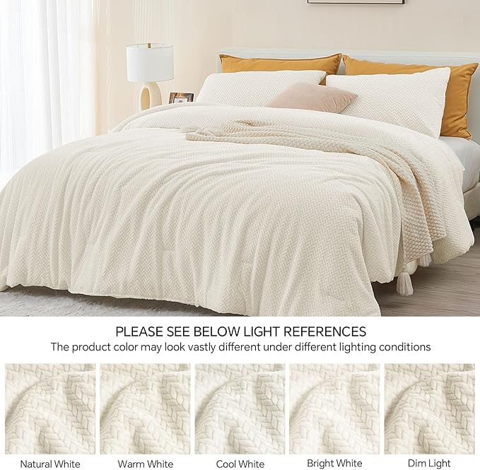 Flannel Fleece Full Comforter Set - Furry Beige Leaves Pattern Faux Fur Bed Set, Winter Ultra Soft Fuzzy Comfort Set, Velvet Bedding Set for Bed with 2 Pillow Cases