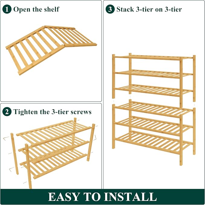 Smiry Bamboo Shoe Rack for Closet, 6 Tier Wooden Stackable Shoe Organizer, Free Standing Shoes Storage Shelf for Entryway, Front Door Entrance, Natural - Image 6