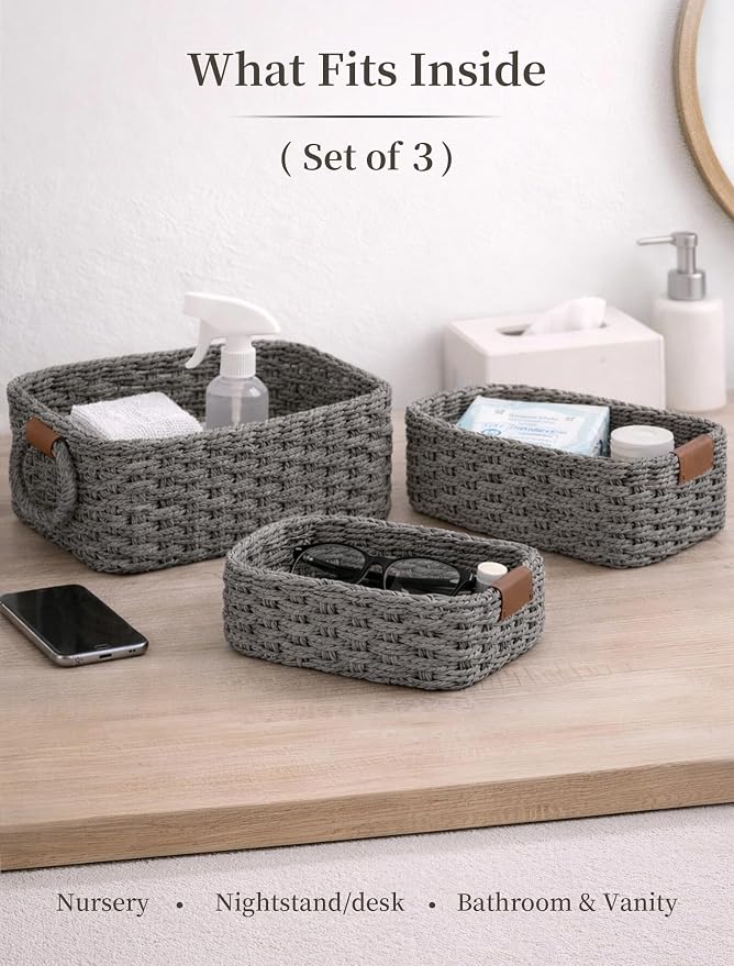 Storage Basket, Recycled Paper Rope Bathroom Basket Organizer, 3Pcs Small Baskets for Organizing, Mini wicker Basket for Decorative Storage Bins, Shelves, Bathroom, Cabinet - Grey - Image 3