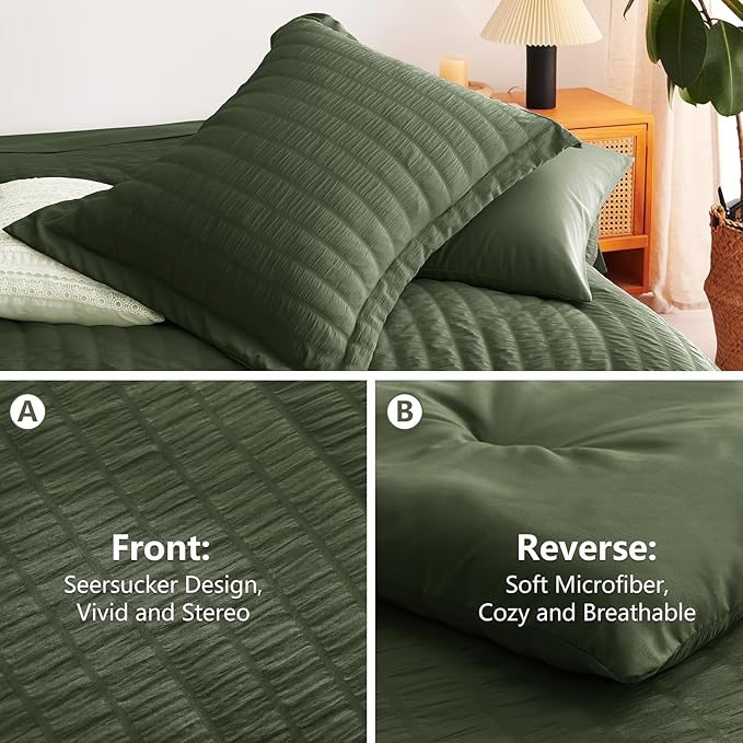 CozyLux Queen Comforter Set Olive Green Seersucker 7 Pieces Bed in a Bag Queen Comforter Set with Sheets, Luxury Bedding Sets with Down Alternative Comforter, Sheets, Pillowcases & Shams All Season