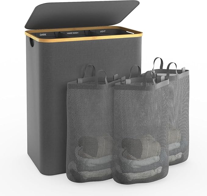 Hampers for Laundry Basket with Lid, 160L Extra Large 3 Section Clothes Divided Organizer for Bedroom, Laundry Room, Dirty Clothes Hamper, Grey by Bathola