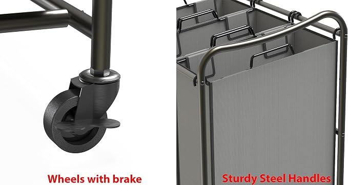 Simple Houseware Heavy Duty 3-Bag Laundry Sorter Rolling Cart, Dark Grey – Durable Triple Laundry Hamper with Removable Bags and Lockable Wheels for Efficient Laundry Organization - Image 5