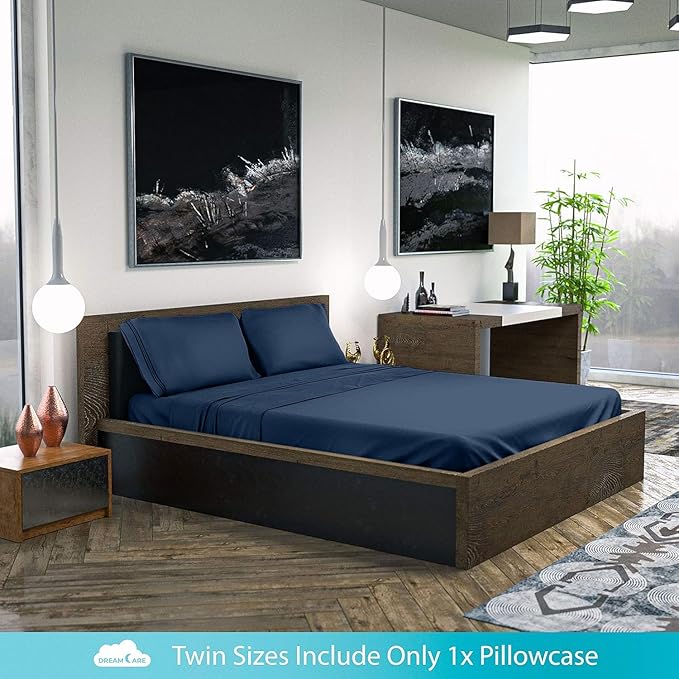 DREAMCARE Twin XL Sheet Sets - 3 pcs Breathable Cooling Bed Sheets - up to 21" Extra Deep Pocket Twin XL Sheets Set with Side Pockets - Extra Soft 100% Brushed Hypoallergenic Hotel Luxury -Navy Blue