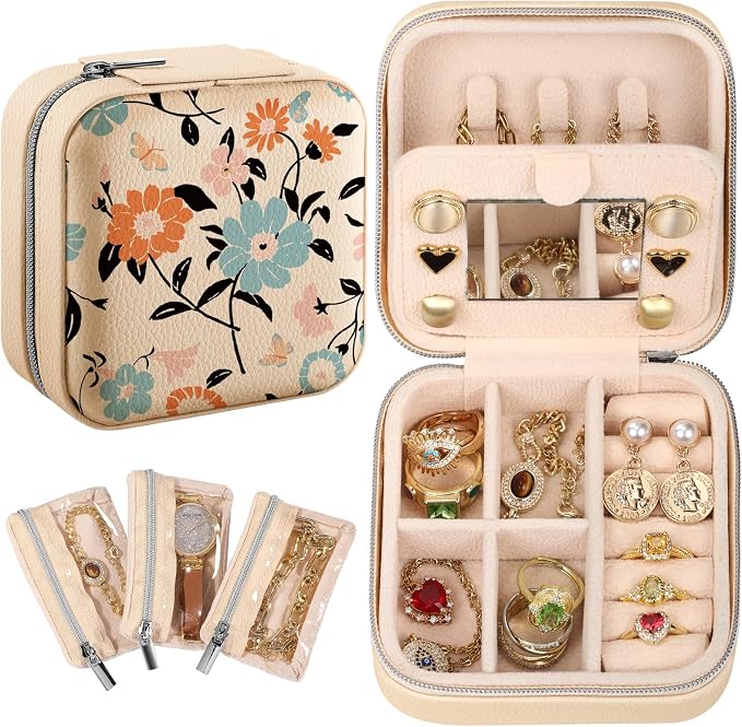 Bistup Travel Jewelry Case - Small Jewelry Organizers and Storage Box for Women Girls Teens Cute Traveling Jewelry Holder with Mirror Little Tiny Compact Blue Floral Modern Unique Aesthetic Pretty by Bistup