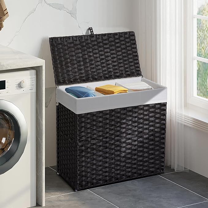Greenstell Laundry Hamper with Lid, 125L Large Clothes Hamper with 3 Section & 2 Section Removable Liner Bags & 5 Mesh Laundry Bags, Handwoven Synthetic Rattan Divided Laundry Basket, Black - Image 2