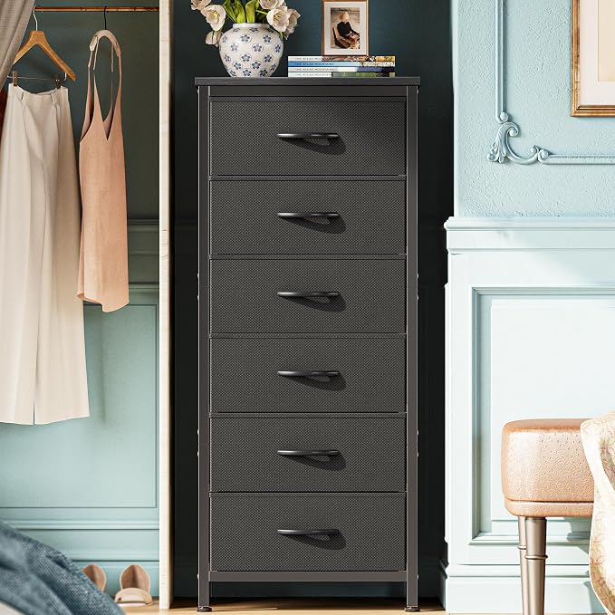 Huuger 43.3 Inch Tall Dresser for Bedroom, 6 Drawer Night Stand & Chests of Drawers, Fabric Dresser for Closet, Bedroom, Nightstand, End Table with Metal Frame, Storage Tower with Fabric Bins, Black by Huuger