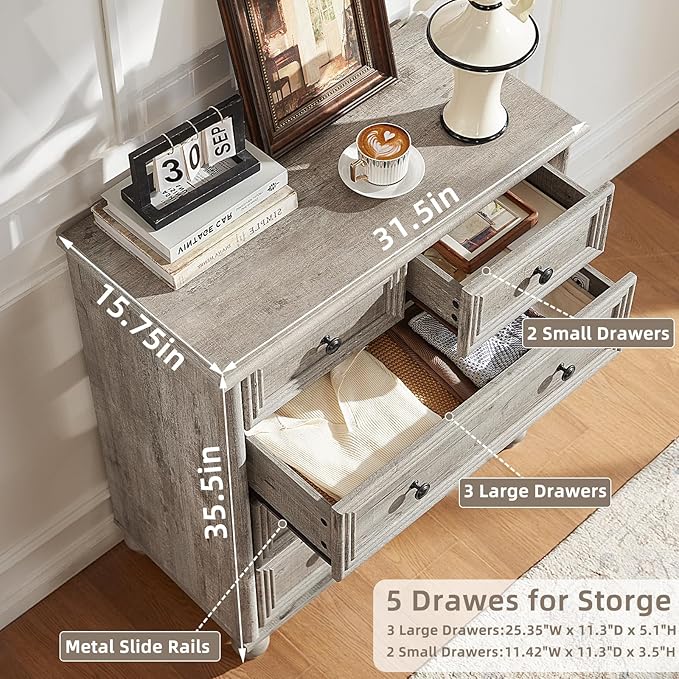 RWYHG Farmhouse 5 Drawer Dresser for Bedroom, 35.5" Tall Small Dressers & Chest of Drawers, Rustic Wood Dresser with Roman Column, Storage Organizer for Living Room, Hallway, Closet (Grey)