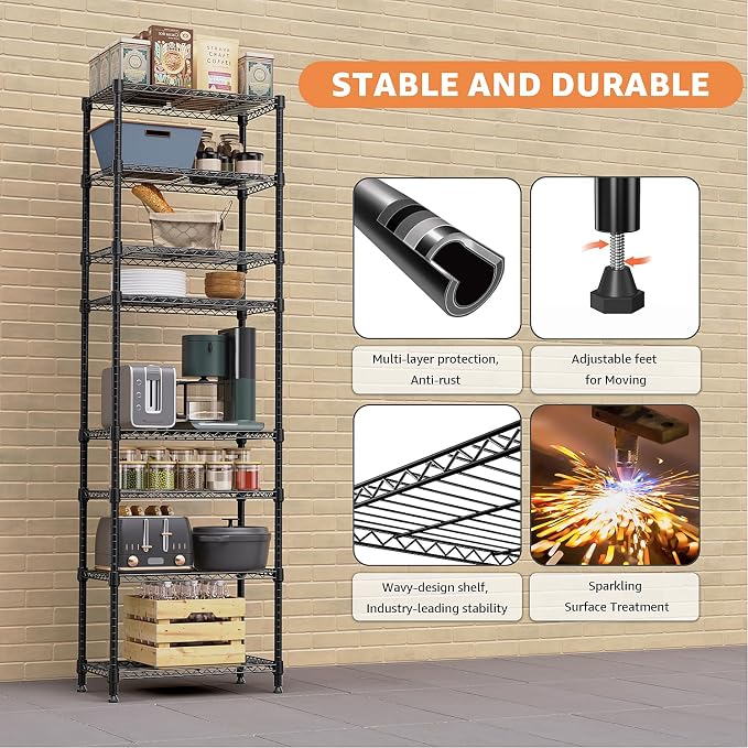 M MZG 8 Tier 2000 lbs Storage Rack Metal Wire Shelving Unit, Storage Standing Shelf Organizer for Laundry Bathroom Kitchen Pantry Closet Garage Basement Utility Room, Black 13.8" D x 23.6" W x 79.5" H - Image 6