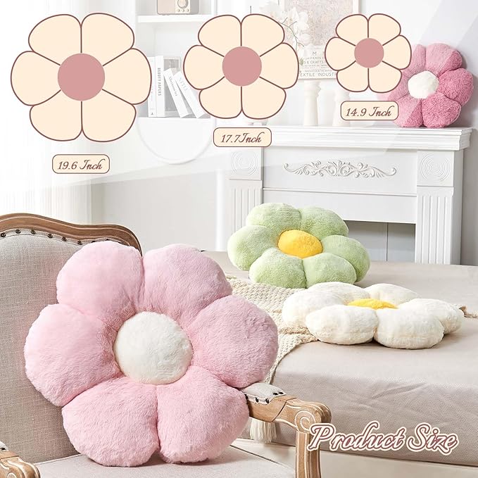 Kcvvcr Beige Flower Pillow, Cute Decorative Flower Shaped Throw Pillow with Faux Rabbit Fur, 19.6" Soft Daisy Plush Floor Cushion Aesthetic Room Decor for Bed Sofa Couch
