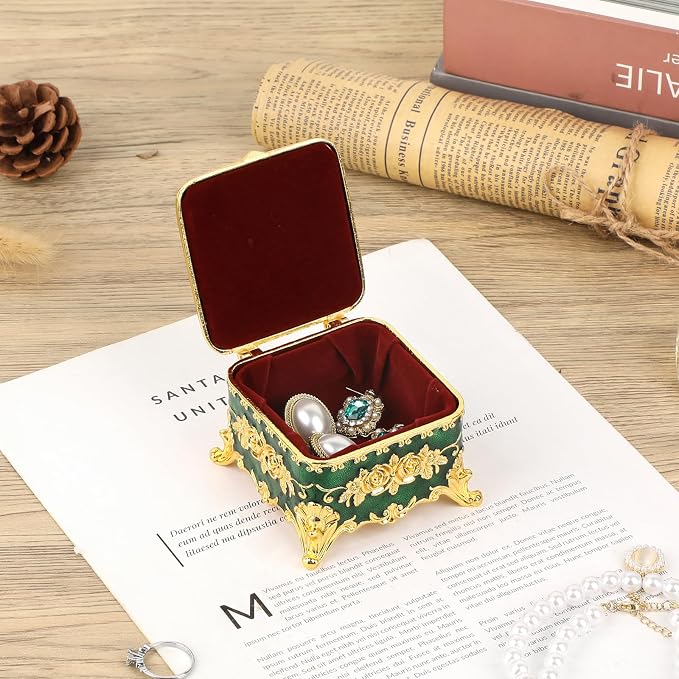 Hipiwe Vintage Jewelry Box Small Trinket Storage Organizer Box Gold Metal Chest Ring Case Treasure Chest Square Keepsake Boxes for Earrings Necklace Gift for Women,Green - Image 4