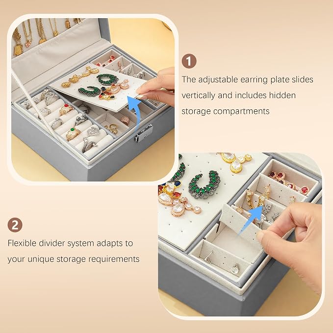 Homeanda Jewelry box 2 layer Jewelry box Leather Jewelry boxes for Women Girls Teens Jewelry organizer box Jewelry Storage box with lock(Grey) - Image 6