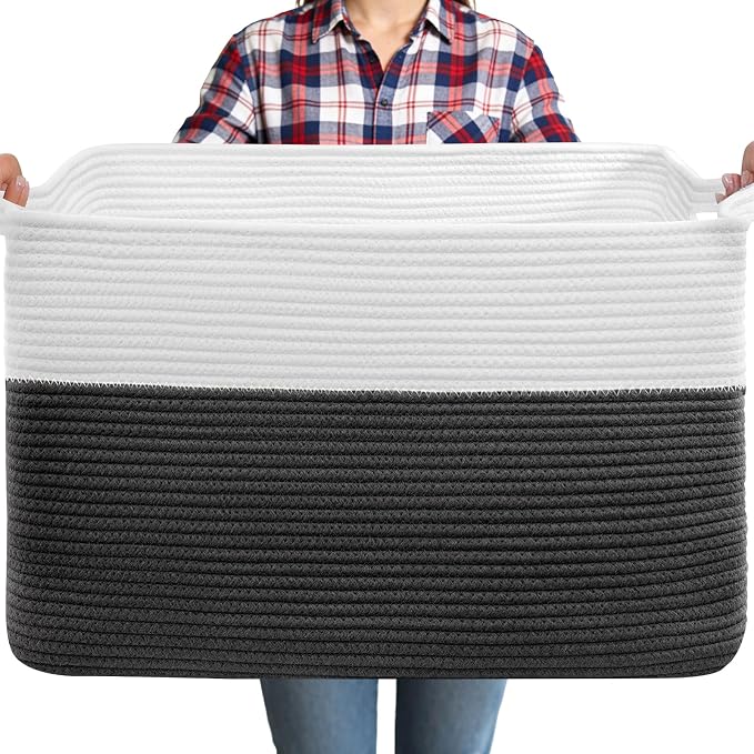 105L XXXL Large Blanket Basket, Rectangular Cotton Rope Basket, Laundry Hamper for Blankets, Pillows, Extra Large Toys Storage Bins for Kids, Dogs 25" x 16" x 16", White & Black by Unknown