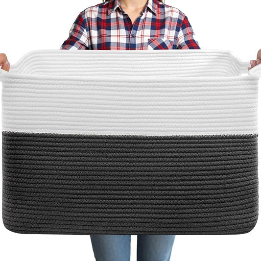 105L XXXL Large Blanket Basket, Rectangular Cotton Rope Basket, Laundry Hamper for Blankets, Pillows, Extra Large Toys Storage Bins for Kids, Dogs 25" x 16" x 16", White & Black by Unknown